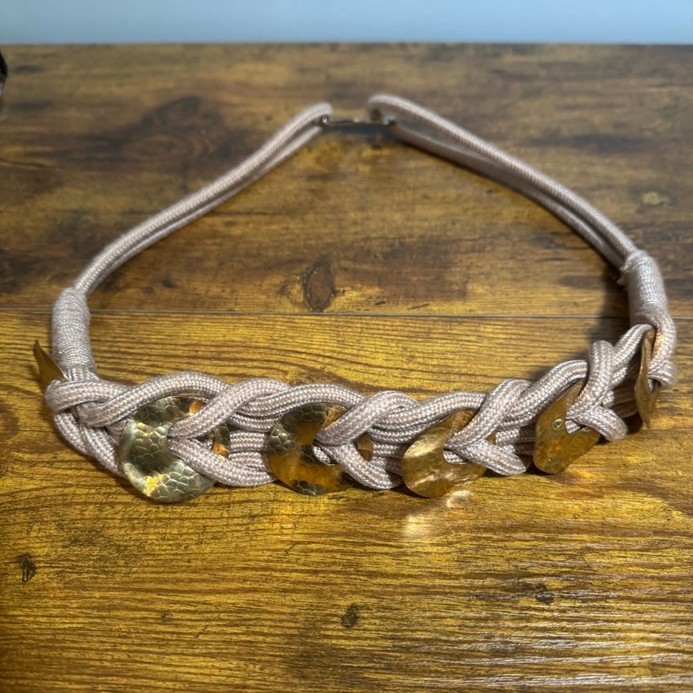 Vintage Boho Cord Belt Hammered‎ Brass Tone Disc Chain Hip Waist Belt 31.5